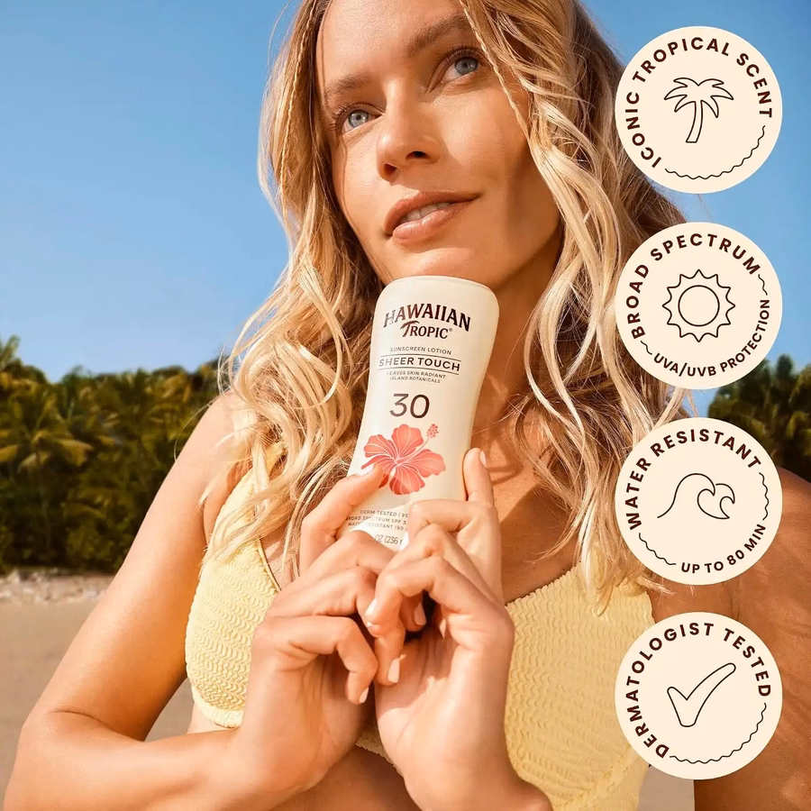 Hawaiian Tropic Sheer Touch Lotion Sunscreen, Moisturizing Broad-Spectrum Protection, SPF 30, Sun, Mango, 8 Oz
