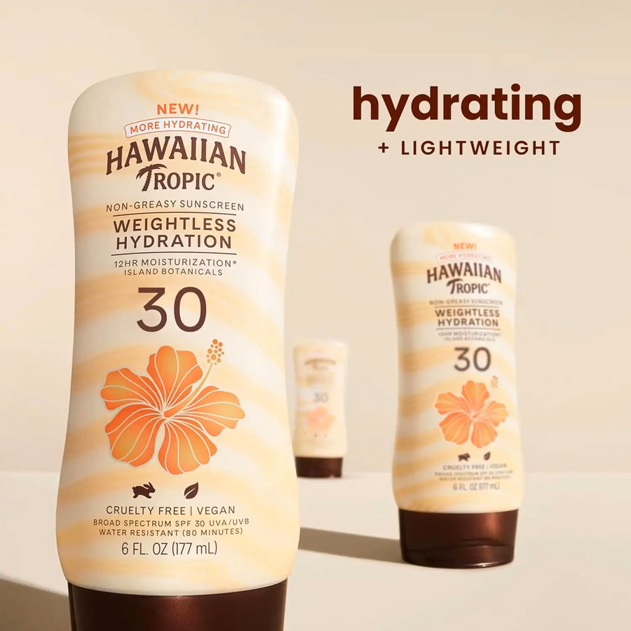 Hawaiian Tropic Weightless Hydration Lotion Sunscreen SPF 30,6Fl Oz Twin Pack,Oil Free Sunscreen,Hawaiian Tropic-Sunscreen SPF 30,Oxybenzone Free-Sunscreen,Body-Sunscreen,6Fl Oz each,(Pack of 2)