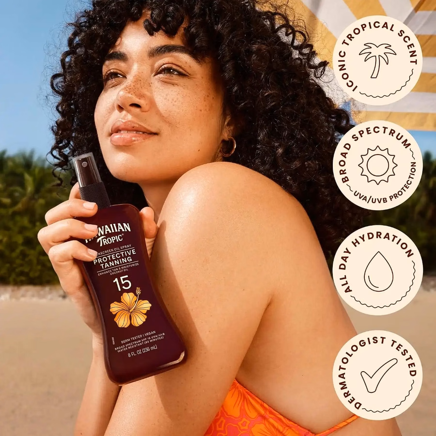 Hawaiian Tropic Sunscreen Protective Tanning Dry Oil Broad Spectrum Sun Care Sunscreen Spray - SPF 15, 8 Ounce, Sun